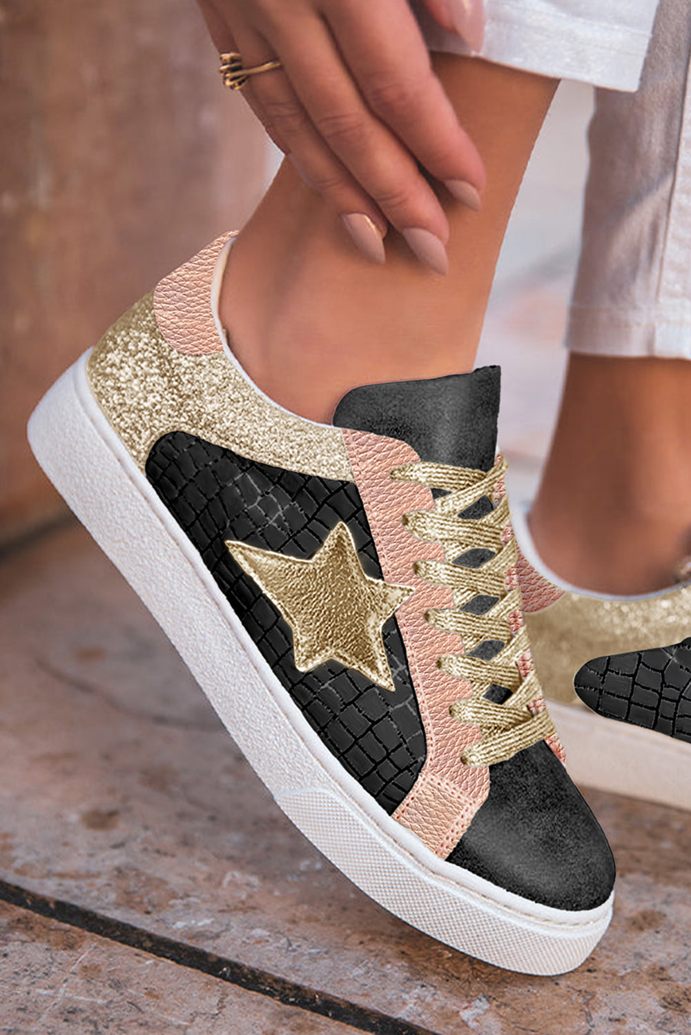 Clare Gold Glitter Star Lace-up Sneakers