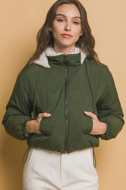 Reversible Cropped Hooded Sherpa Jacket