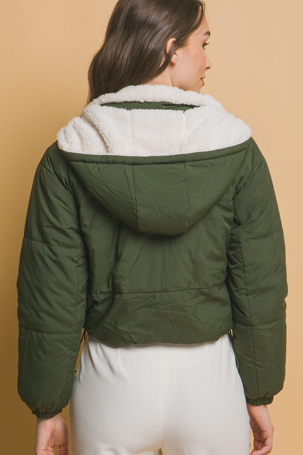 Reversible Cropped Hooded Sherpa Jacket