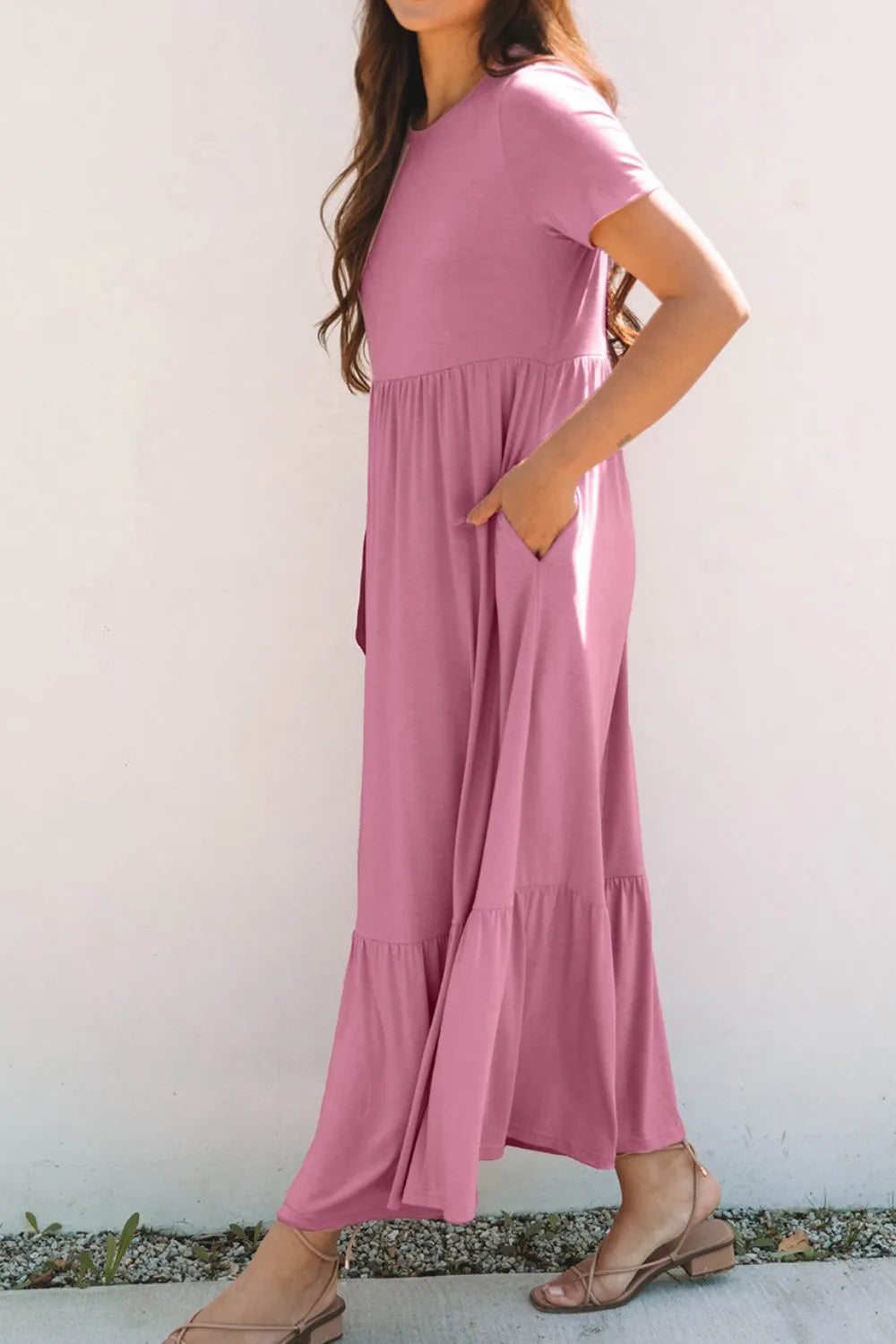 Solid Color High Waist Pocketed Tee Dress