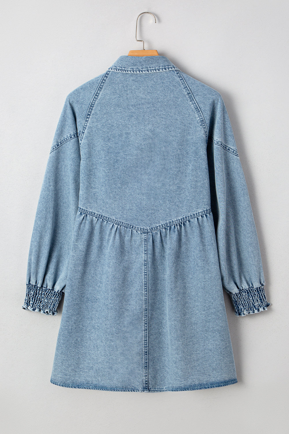 Molly Smocked Cuffs Flared Denim Shirt Mini Dress