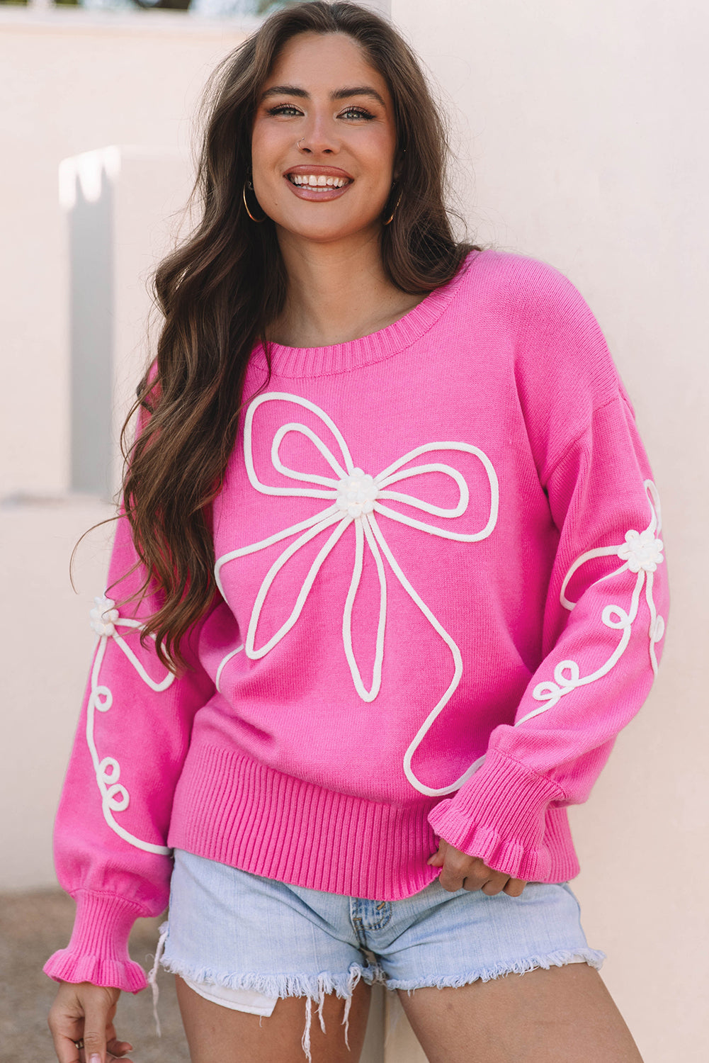 Corded Flower Bow Ribbed Trim Casual Sweater