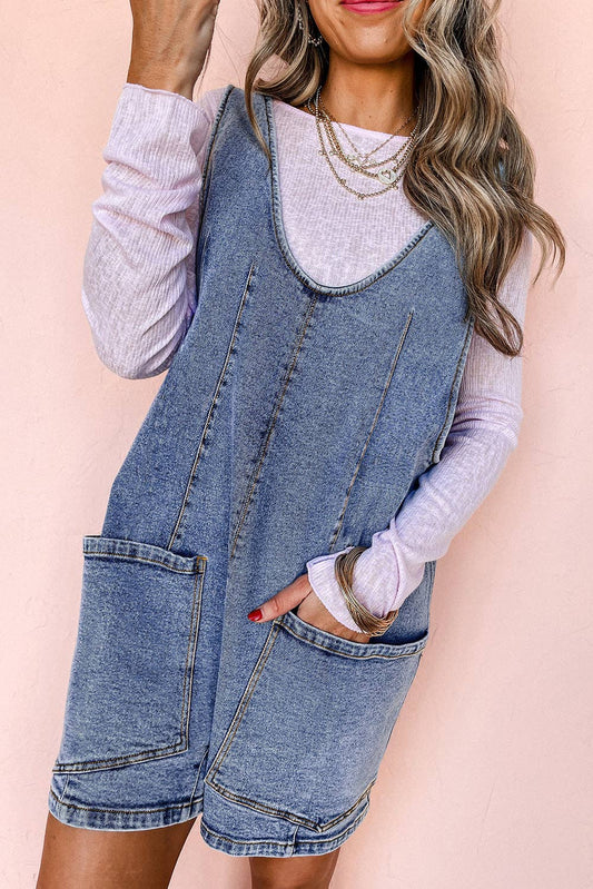 Denim Sleeveless Patched Pocket Romper