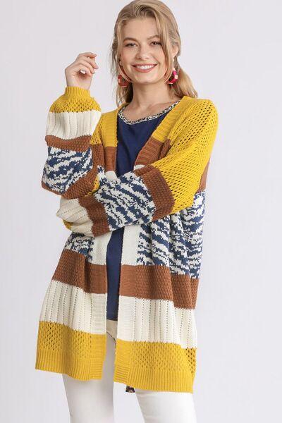 Umgee Full Size Color Block Open Front Longline Cardigan