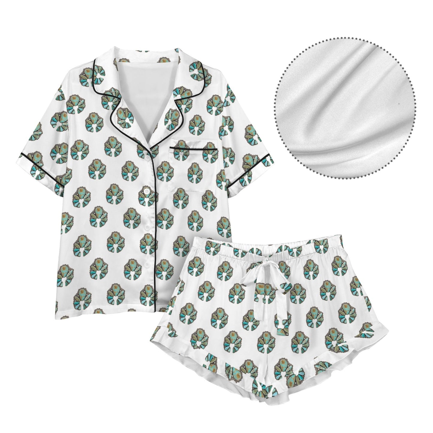 Turquoise Naja White Satin Ruffle Pajama Set