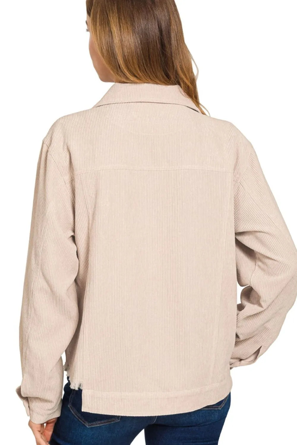 Zenana Distressed Corduroy Frayed Hem Cropped Jacket