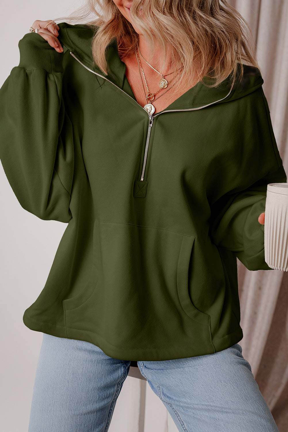 Kate Fleece Lined Half Zipper Kangaroo Pockets Loose Hoodie