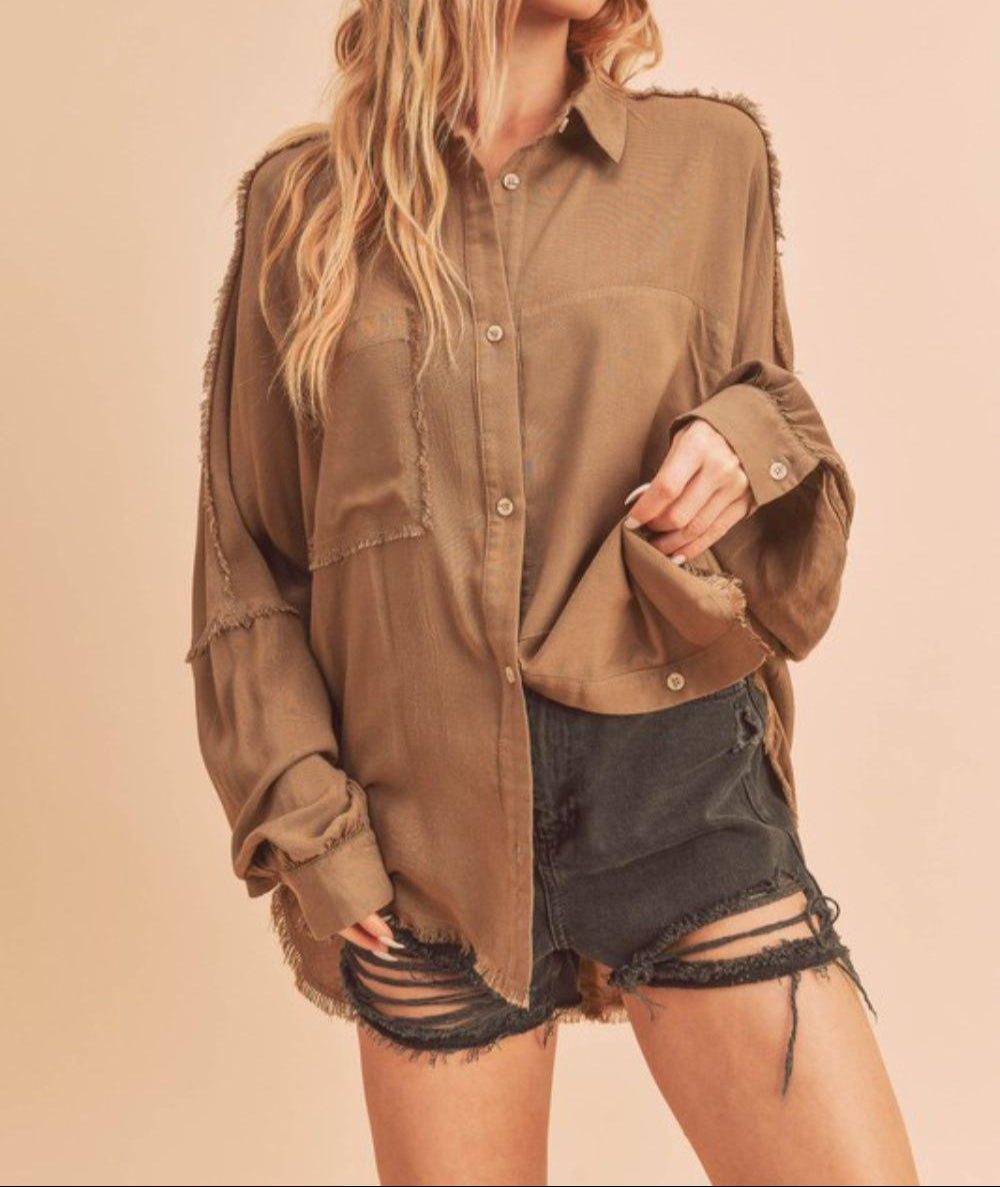 Aemi + Co Raw Edge Exposed Seam Collared Neck Long Sleeve Shirt