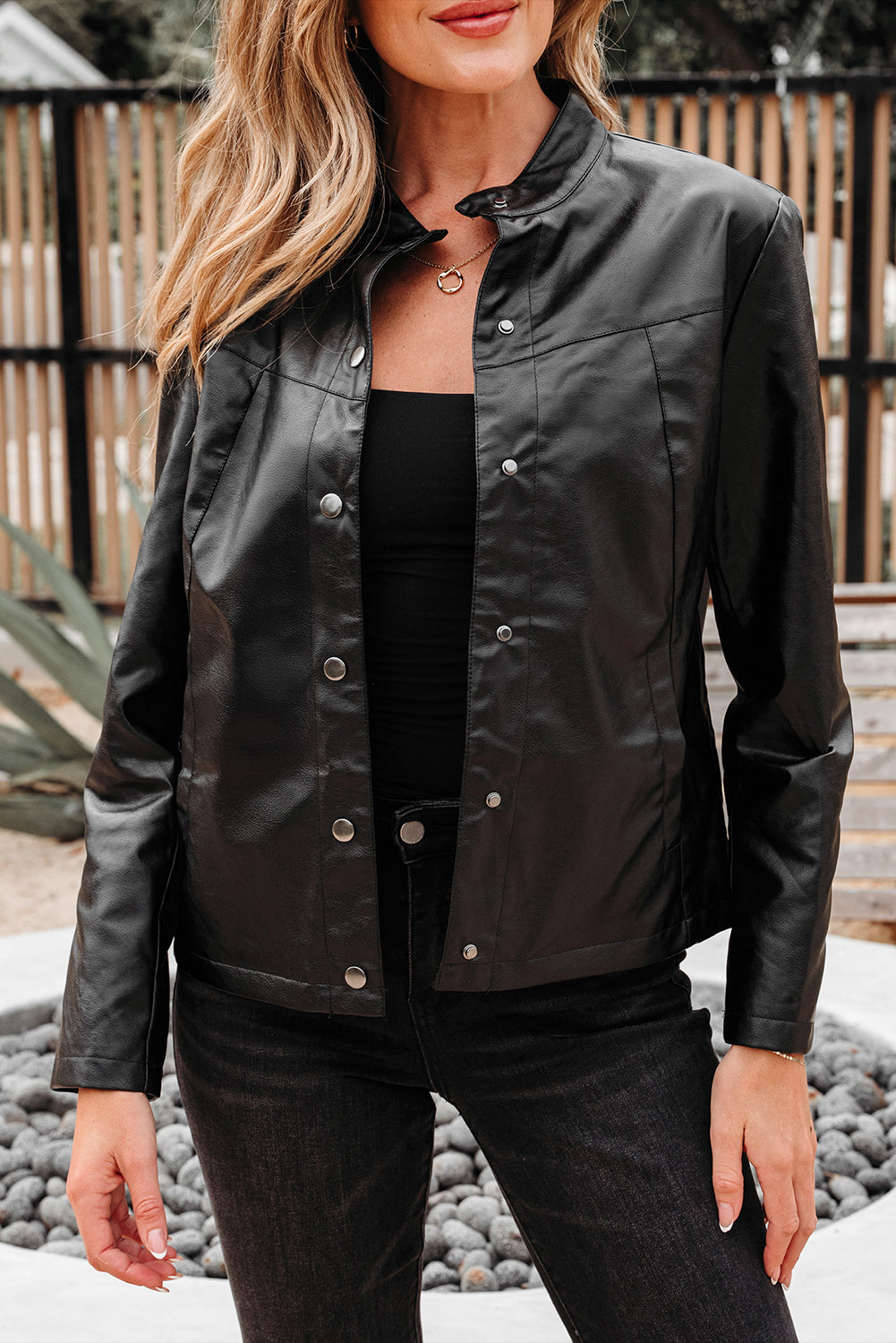 Olive Faux Leather Buttoned Front Boxy Jacket