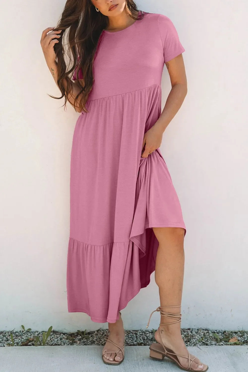 Solid Color High Waist Pocketed Tee Dress
