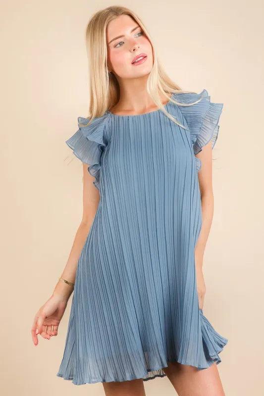 VERY J Plus Size Ruffle Sleeve Pleated Woven Mini Dress