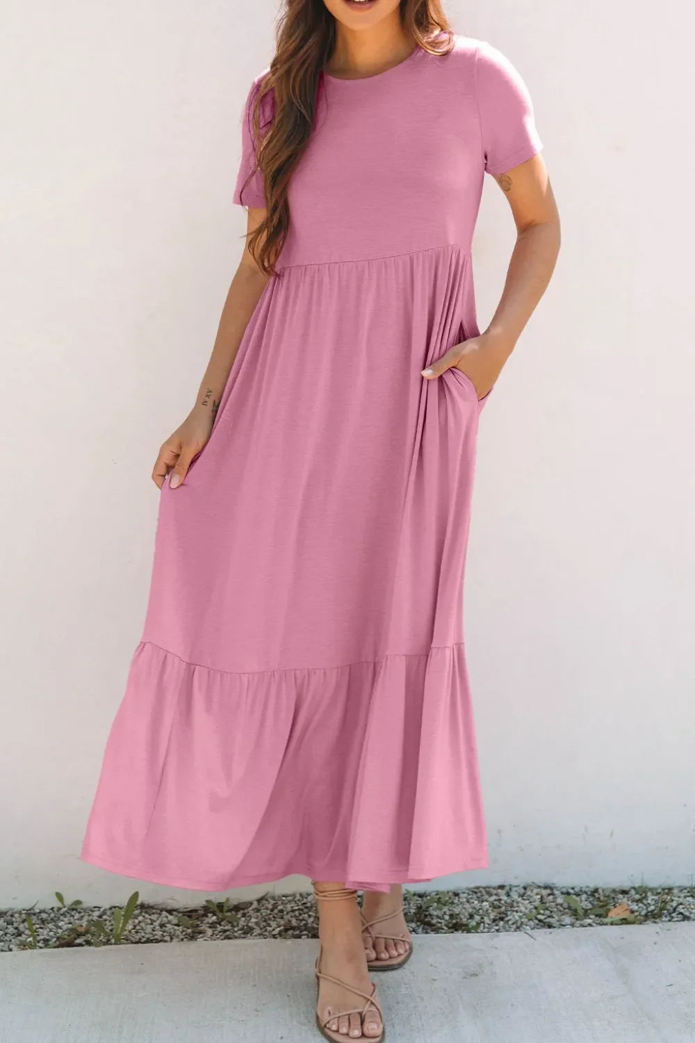Solid Color High Waist Pocketed Tee Dress