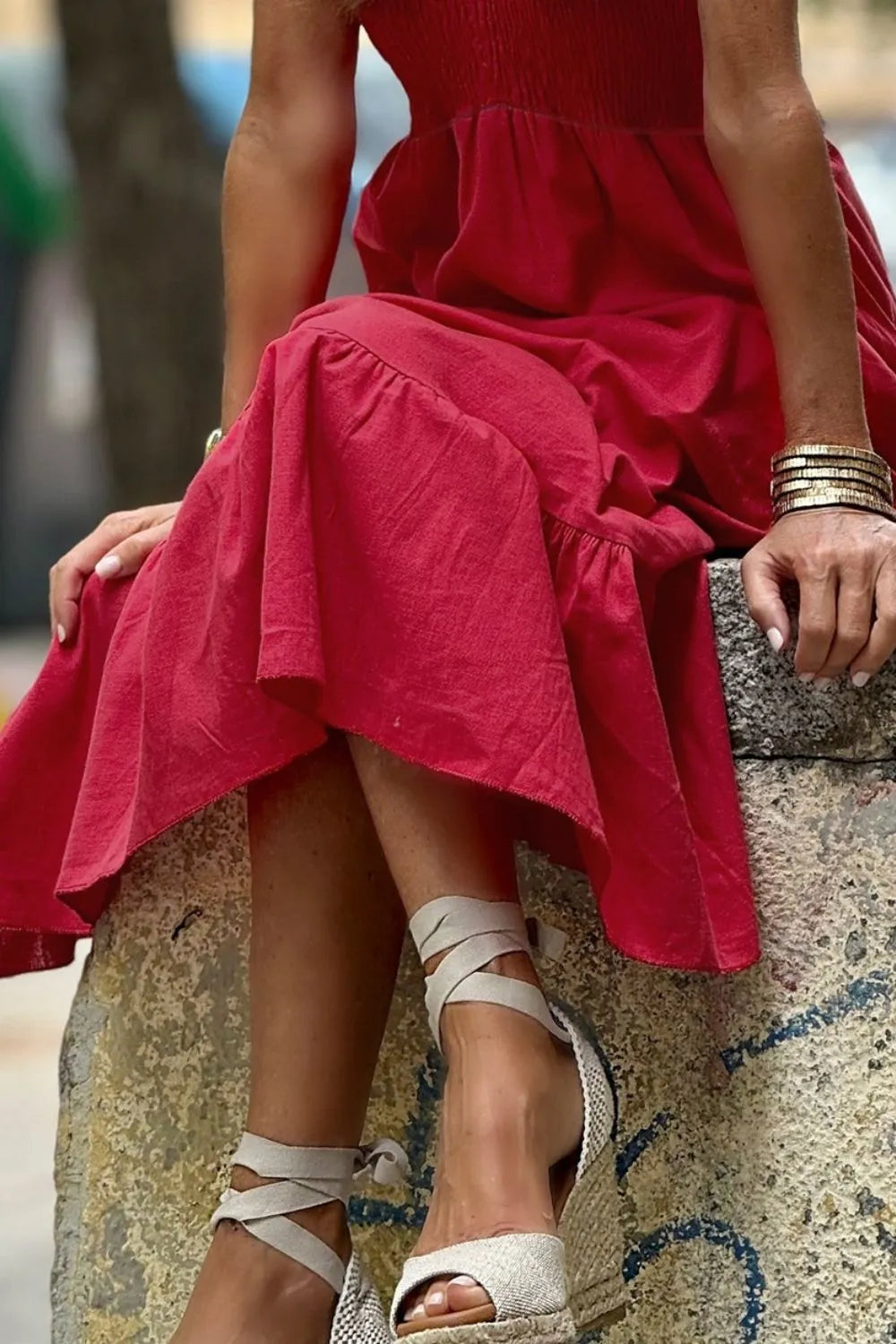 Smocked Tiered Cap Sleeve Maxi Dress