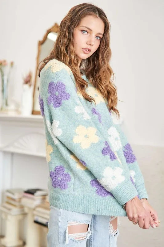 Floral Popped 2-Tone Sweater