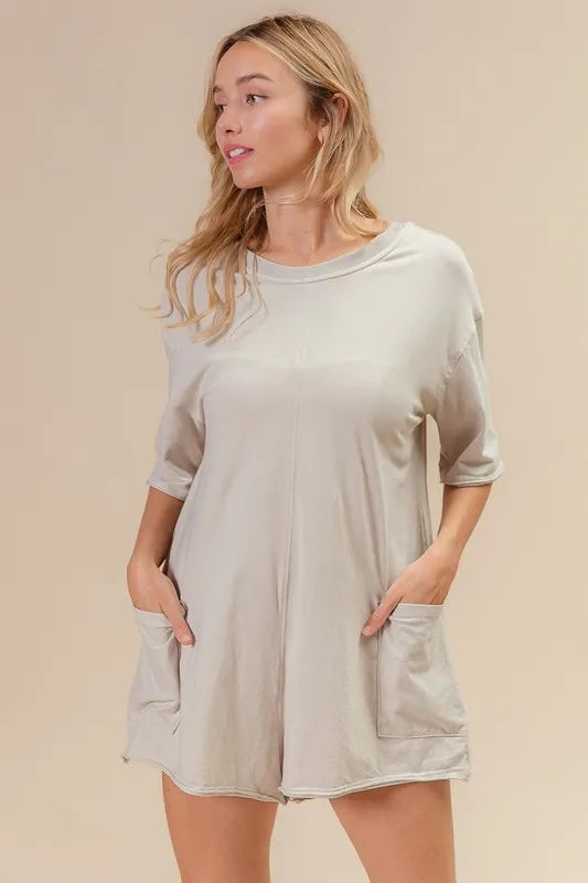 BiBi Short Sleeve Back Open Washed Romper