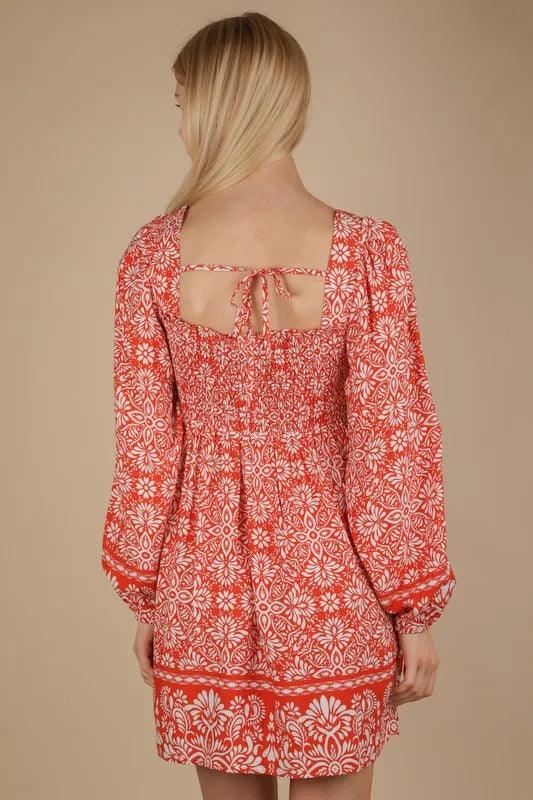 VERY J Printed Smocked Chest Boho Mini Dress