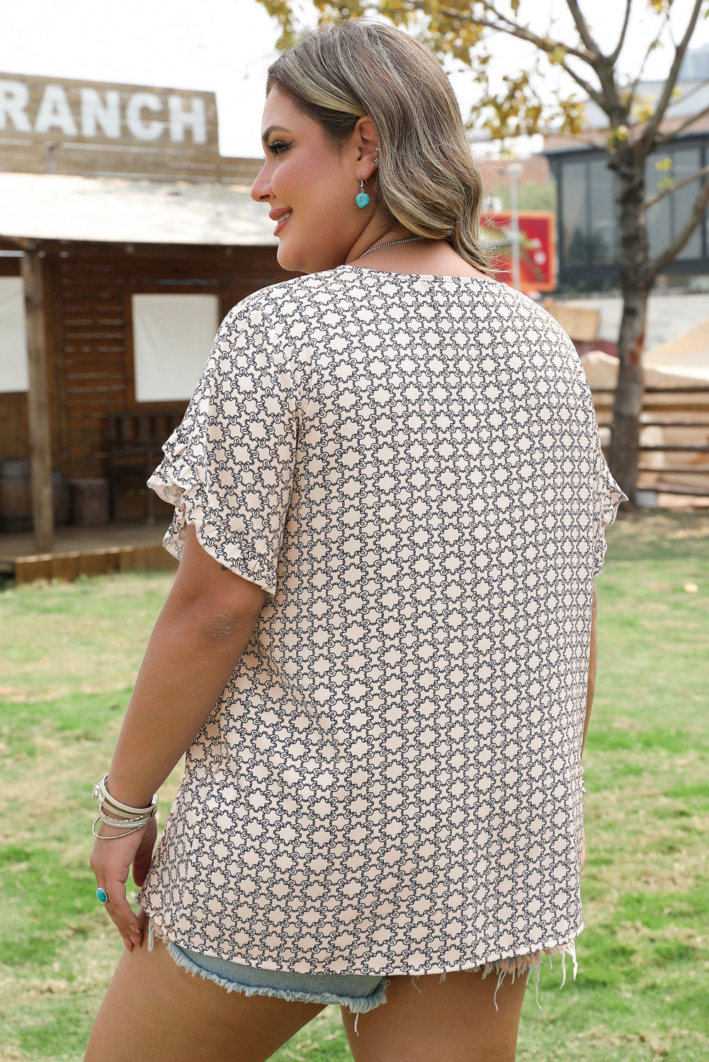 Faith Plus Size Geometric Ruffled Sleeve Blouse