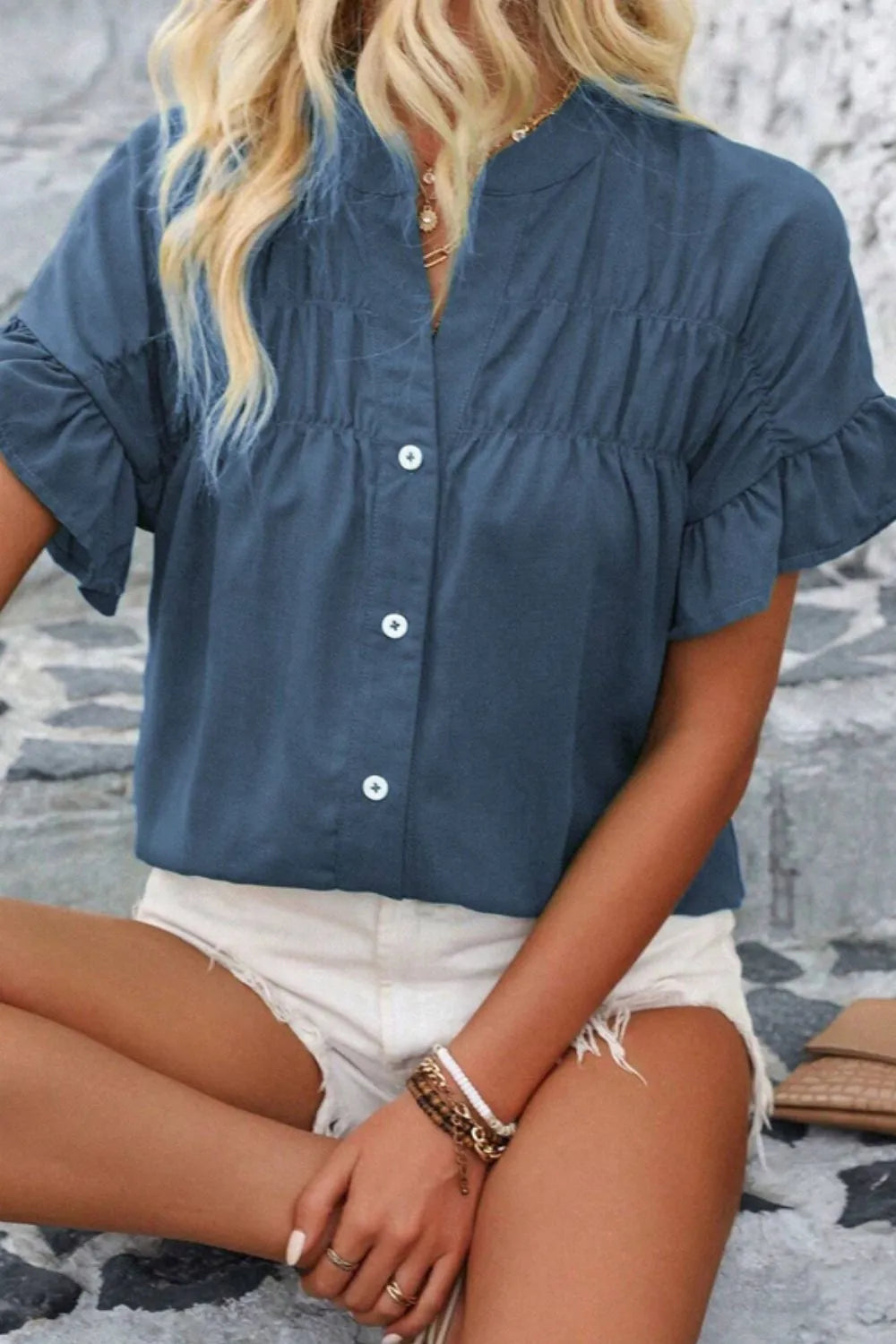 Ruffled Ruched Short Sleeve Button Down Shirt