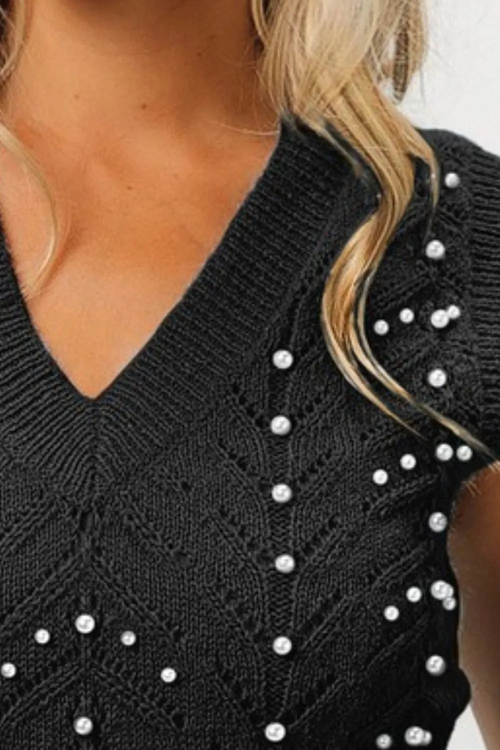 BiBi Chevron Pointelle Pearl Knit Top