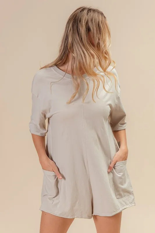 BiBi Short Sleeve Back Open Washed Romper