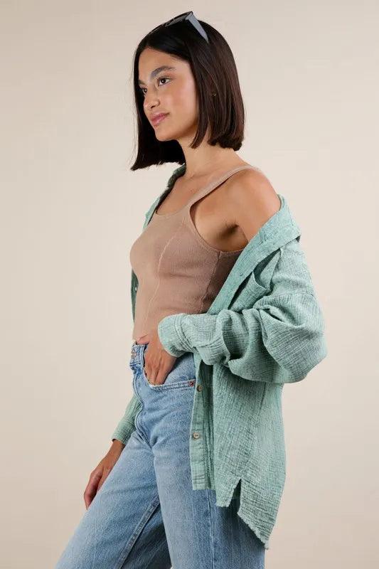 VERY J Mineral Washed Gauze Button Down Shirt