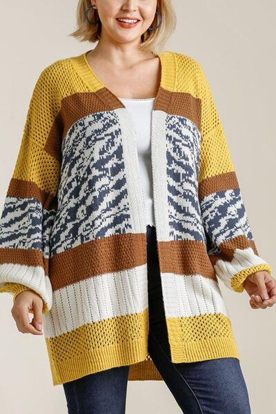 Umgee Full Size Color Block Open Front Longline Cardigan