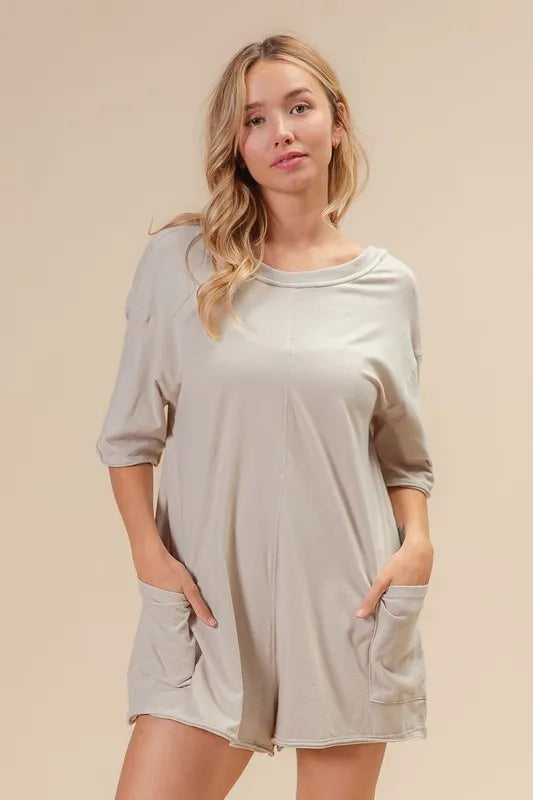 BiBi Short Sleeve Back Open Washed Romper