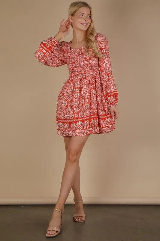 VERY J Printed Smocked Chest Boho Mini Dress
