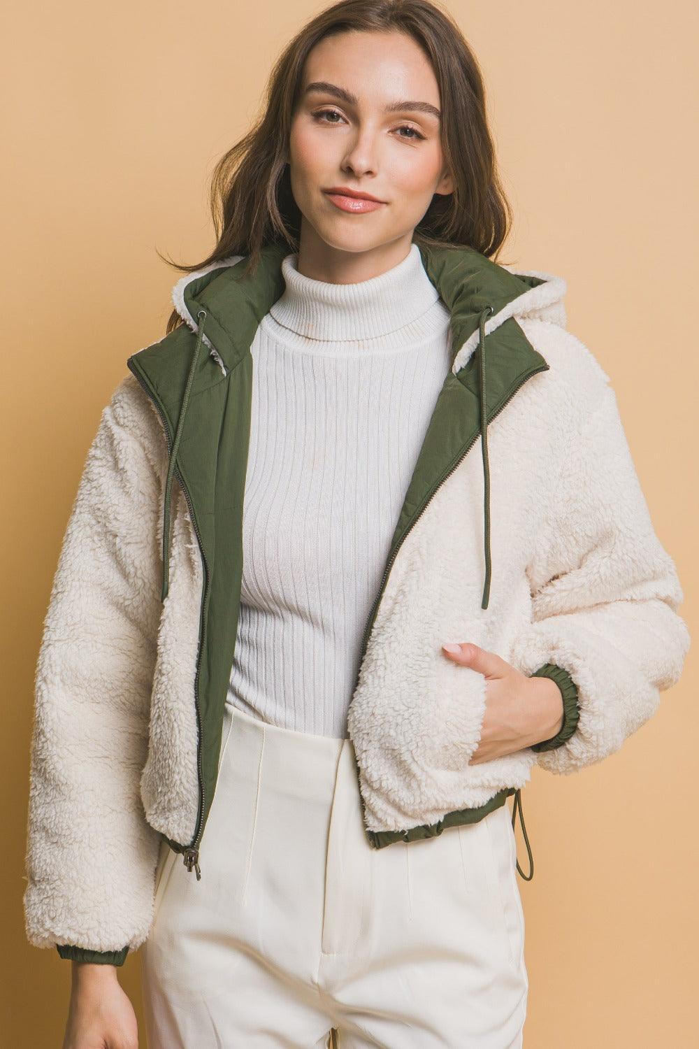 Reversible Cropped Hooded Sherpa Jacket